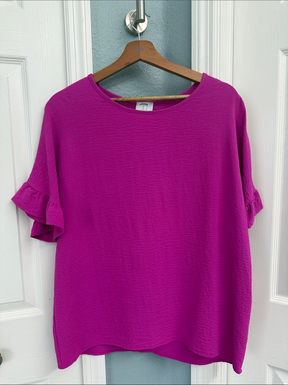Shop the Mint Women’s Magenta Ruffle Sleeve Top large